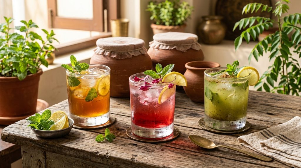 Traditional Indian summer sharbat drinks served in chilled glasses with fresh mint and earthen clay pots