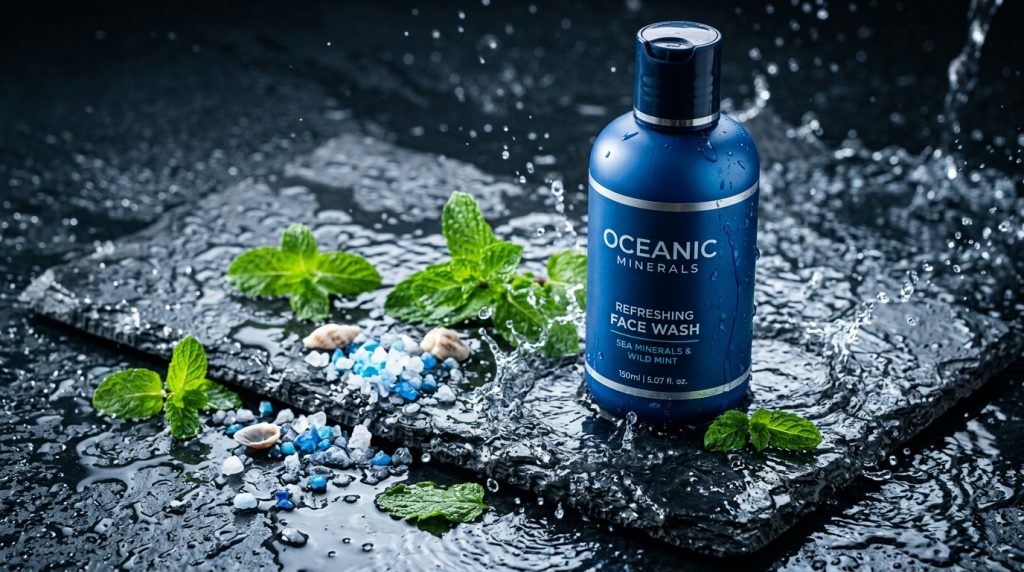 Bottle of Muuchstac Mens Ocean Face Wash on dark slate with water splashes and mint