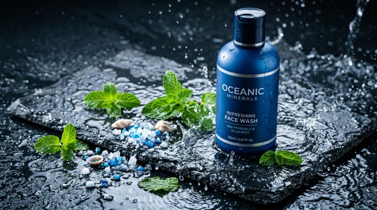 Bottle of Muuchstac Mens Ocean Face Wash on dark slate with water splashes and mint