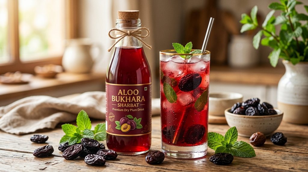 Bottle and glass of ruby-red Pansari Aloo Bukhara dry plum sharbat with ice and dried plums