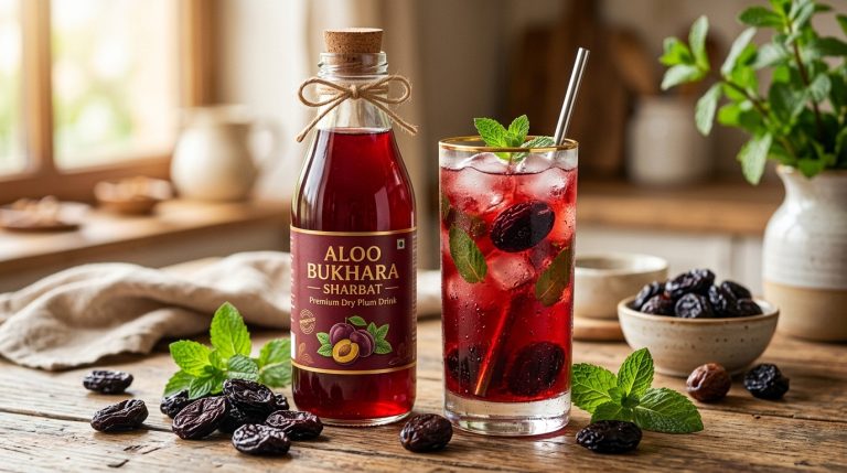 Bottle and glass of ruby-red Pansari Aloo Bukhara dry plum sharbat with ice and dried plums