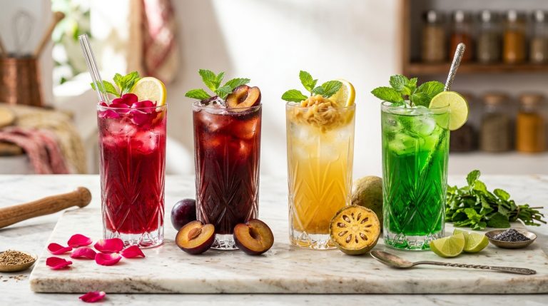 Comparison lineup of four colorful traditional Indian sharbat drinks including rose, plum, bael, and khus