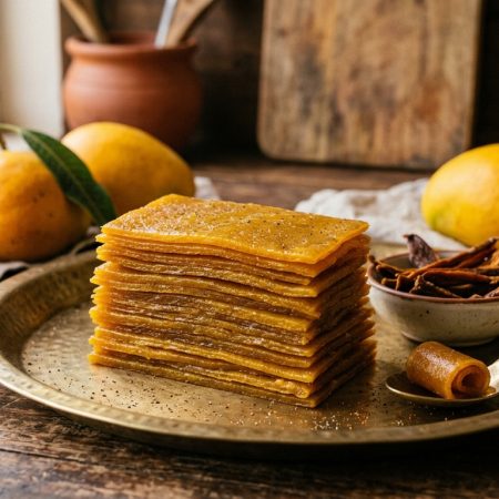 Stacks of authentic golden layered Aam Papad mango fruit leather on a traditional brass plate with whole ripe mangoes