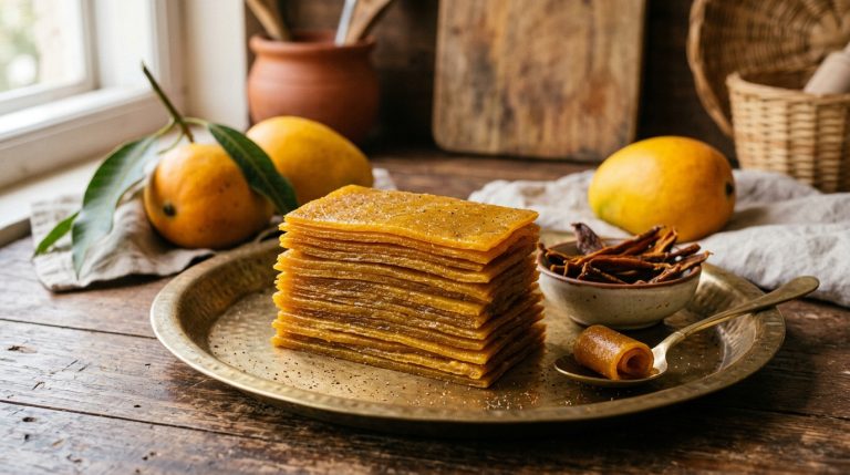 Stacks of authentic golden layered Aam Papad mango fruit leather on a traditional brass plate with whole ripe mangoes