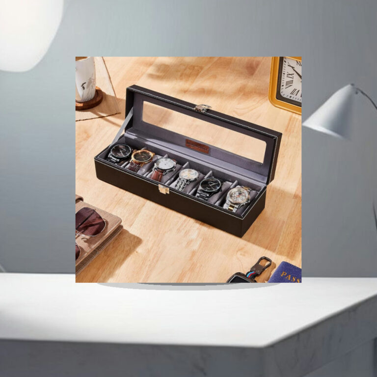 Amazon Basics Unisex Faux Leather Watch Organizer Box with 6 Slots |Watch Organizer with Transparent Lid (Black) - 1:1 Commercial Studio Staging