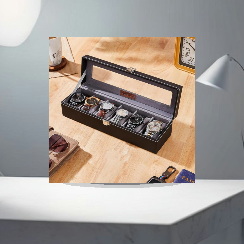 Amazon Basics Unisex Faux Leather Watch Organizer Box with 6 Slots |Watch Organizer with Transparent Lid (Black) - 1:1 Commercial Studio Staging