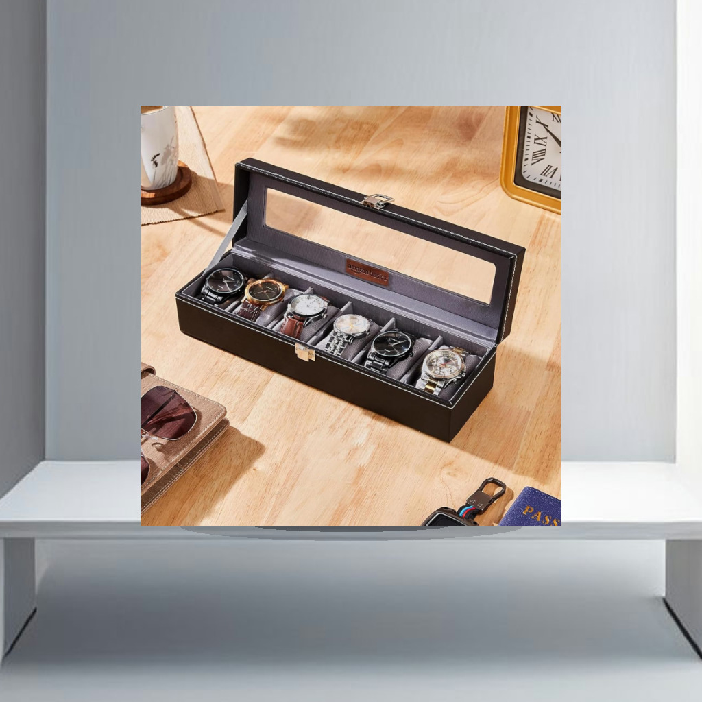 Amazon Basics Unisex Faux Leather Watch Organizer Box with 6 Slots |Watch Organizer with Transparent Lid (Black) - 1:1 Commercial Studio Staging