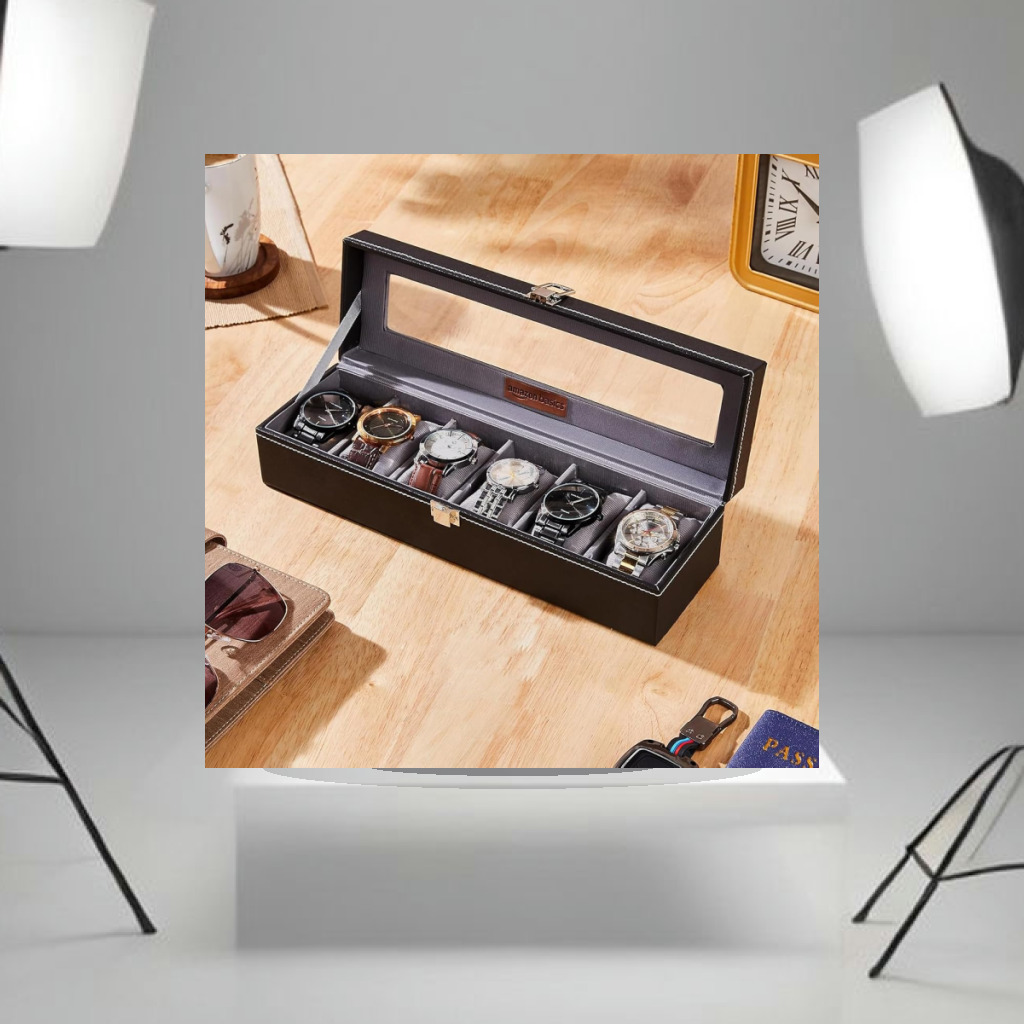 Amazon Basics Unisex Faux Leather Watch Organizer Box with 6 Slots |Watch Organizer with Transparent Lid (Black) - 1:1 Commercial Studio Staging