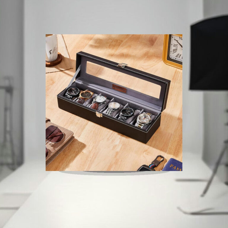 Amazon Basics Unisex Faux Leather Watch Organizer Box with 6 Slots |Watch Organizer with Transparent Lid (Black) - 1:1 Commercial Studio Staging