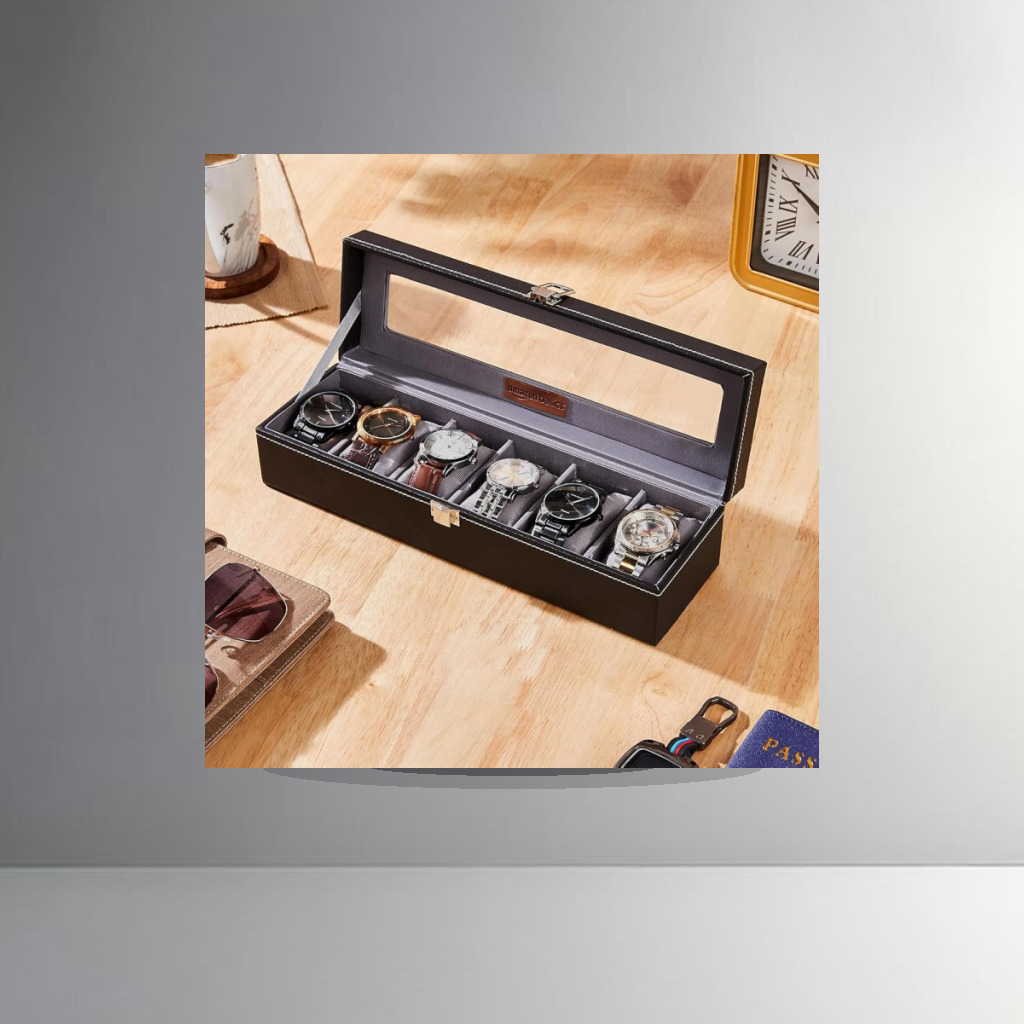Amazon Basics Unisex Faux Leather Watch Organizer Box with 6 Slots |Watch Organizer with Transparent Lid (Black) - 1:1 Commercial Studio Staging