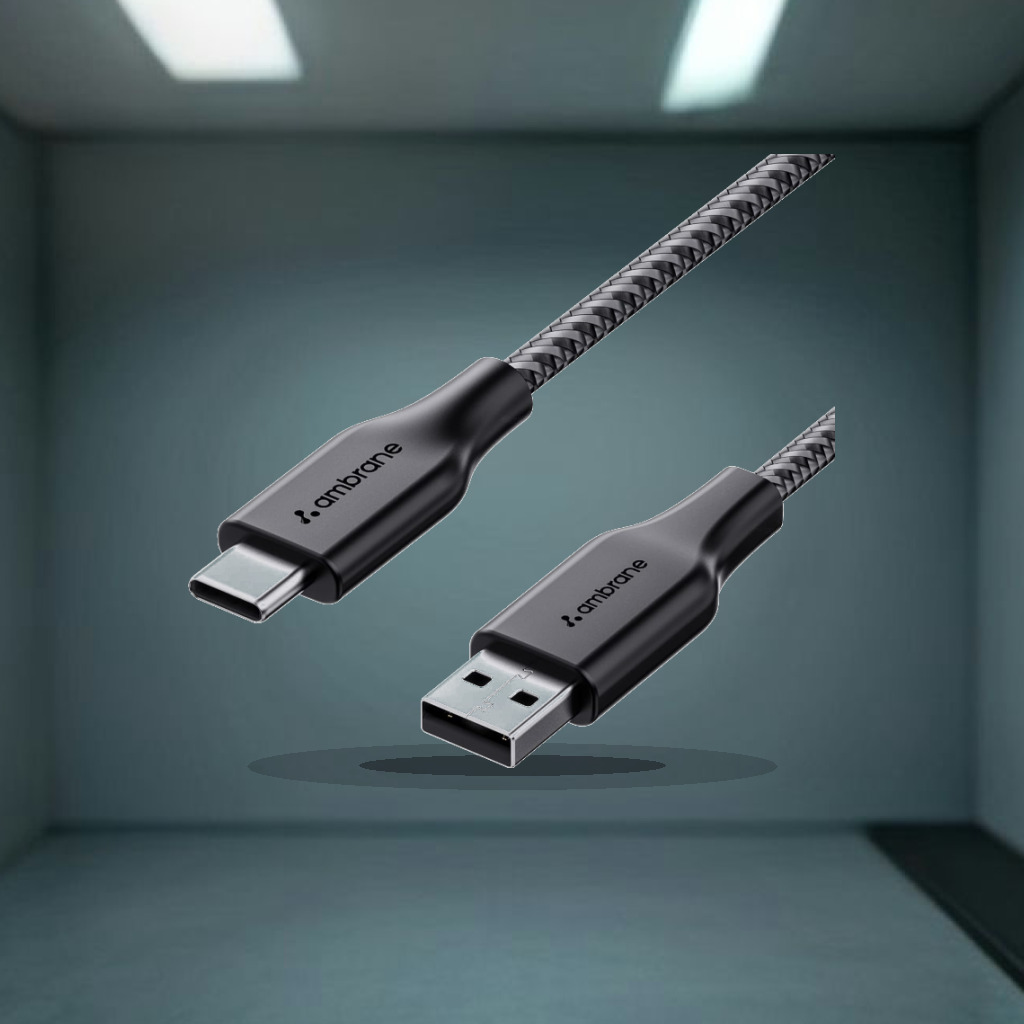 Ambrane Unbreakable 3A Fast Charging 1.5m Braided Type C Cable for Smartphones, Tablets & other Type C devices, 480Mbps Data - 1:1 Commercial Studio Staging