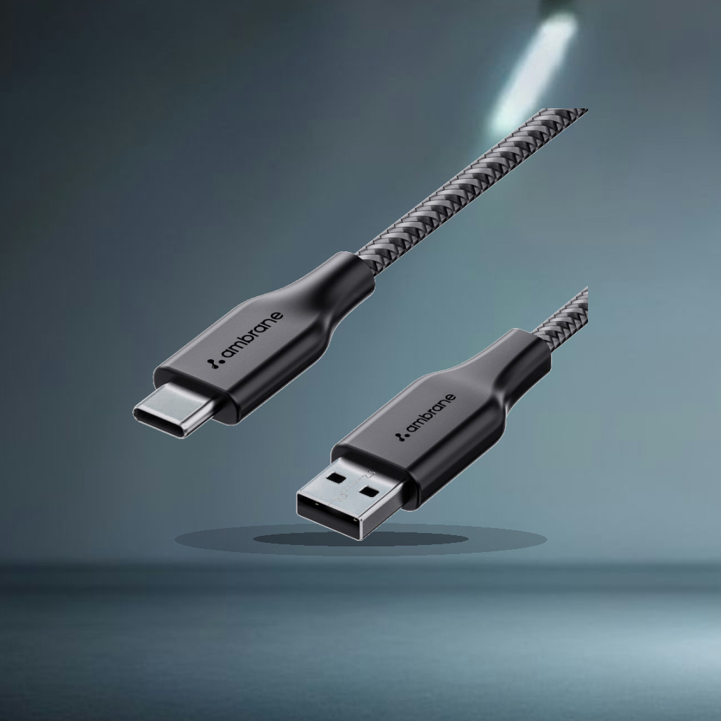 Ambrane Unbreakable 3A Fast Charging 1.5m Braided Type C Cable for Smartphones, Tablets & other Type C devices, 480Mbps Data - 1:1 Commercial Studio Staging