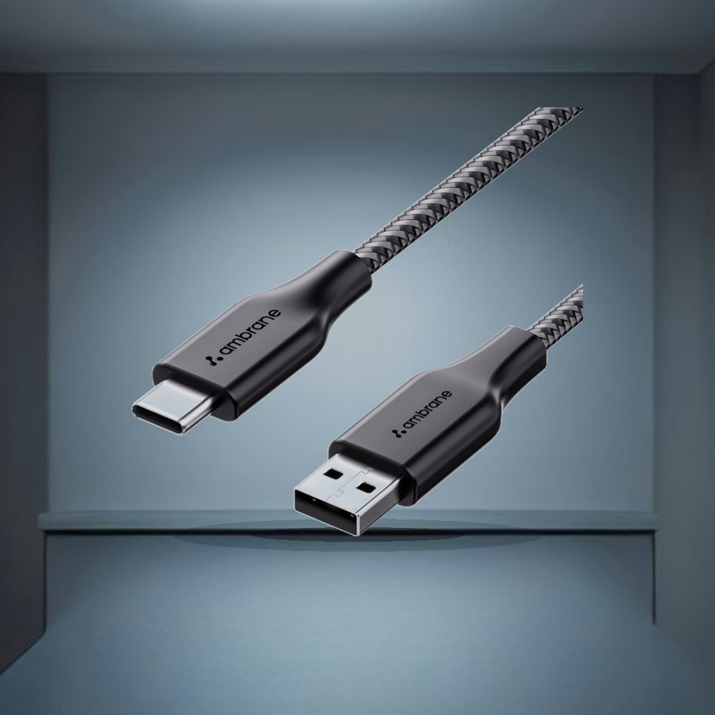 Ambrane Unbreakable 3A Fast Charging 1.5m Braided Type C Cable for Smartphones, Tablets & other Type C devices, 480Mbps Data - 1:1 Commercial Studio Staging