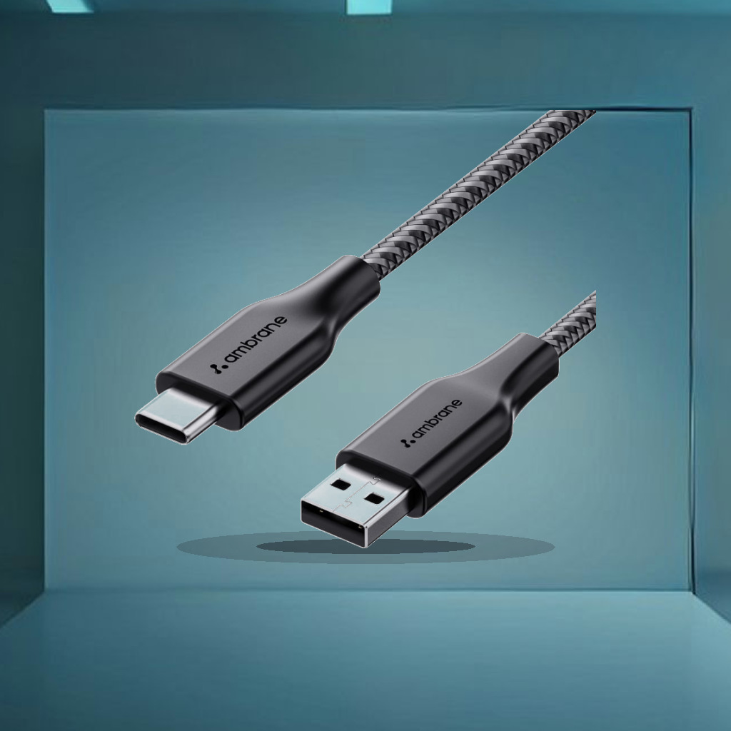 Ambrane Unbreakable 3A Fast Charging 1.5m Braided Type C Cable for Smartphones, Tablets & other Type C devices, 480Mbps Data - 1:1 Commercial Studio Staging