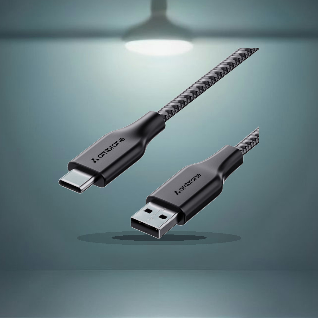 Ambrane Unbreakable 3A Fast Charging 1.5m Braided Type C Cable for Smartphones, Tablets & other Type C devices, 480Mbps Data - 1:1 Commercial Studio Staging