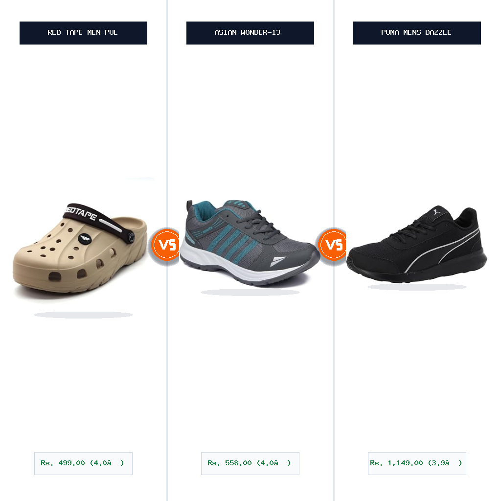 Red Tape Men Pull On Clogs vs ASIAN Wonder-13 Men's Running Shoe Split-Wise Head-to-Head Comparison