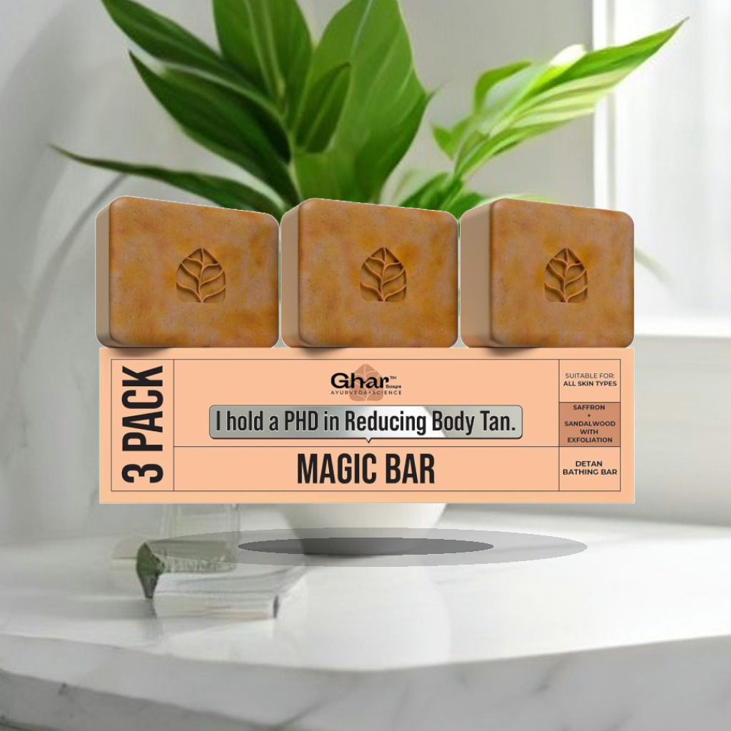 Ghar Soaps Sandalwood & Saffron Magic Bar For Bath (300 Gms Pack Of 3) | Paraben Free | Chandan & Kesar Bath Soap | Handmade - 1:1 Commercial Studio Staging