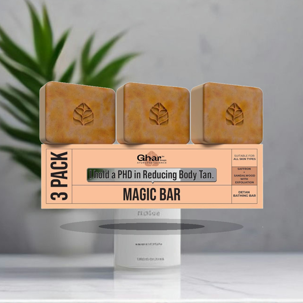 Ghar Soaps Sandalwood & Saffron Magic Bar For Bath (300 Gms Pack Of 3) | Paraben Free | Chandan & Kesar Bath Soap | Handmade - 1:1 Commercial Studio Staging