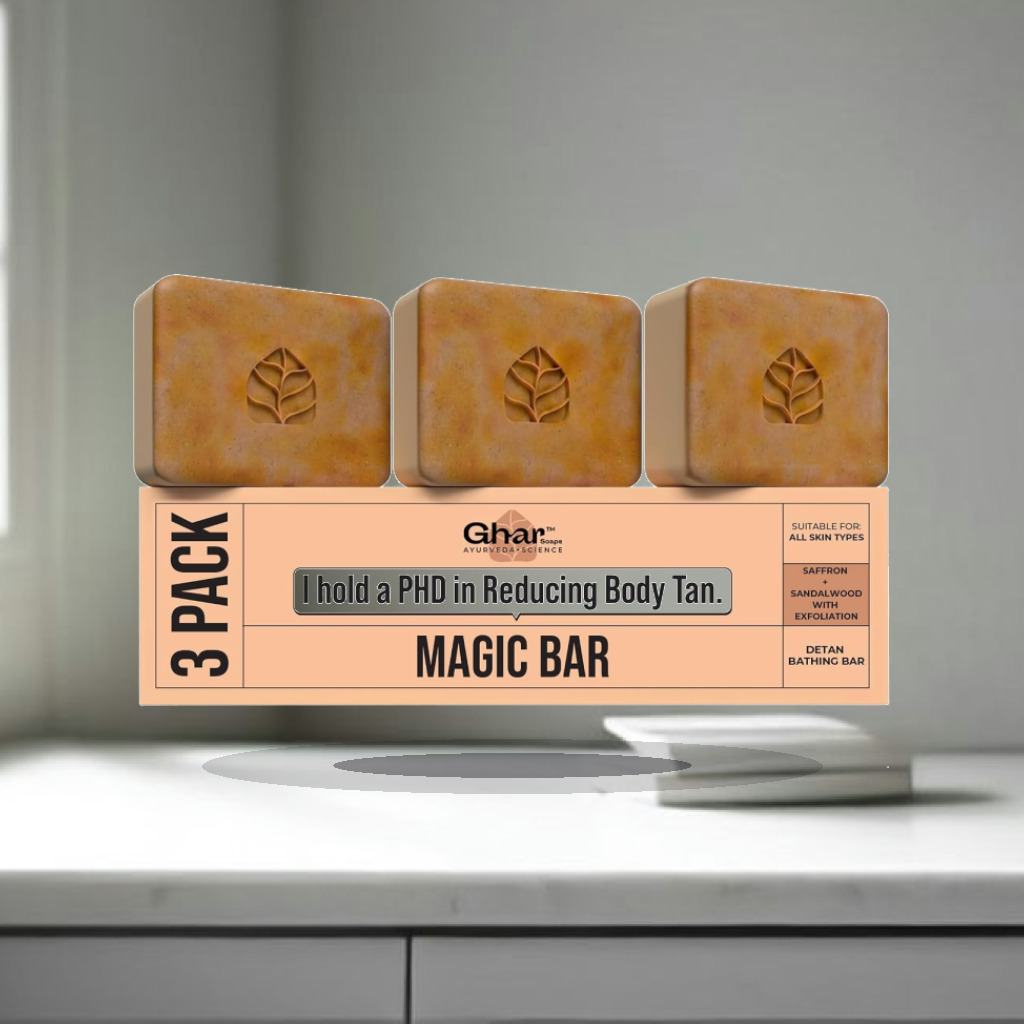 Ghar Soaps Sandalwood & Saffron Magic Bar For Bath (300 Gms Pack Of 3) | Paraben Free | Chandan & Kesar Bath Soap | Handmade - 1:1 Commercial Studio Staging