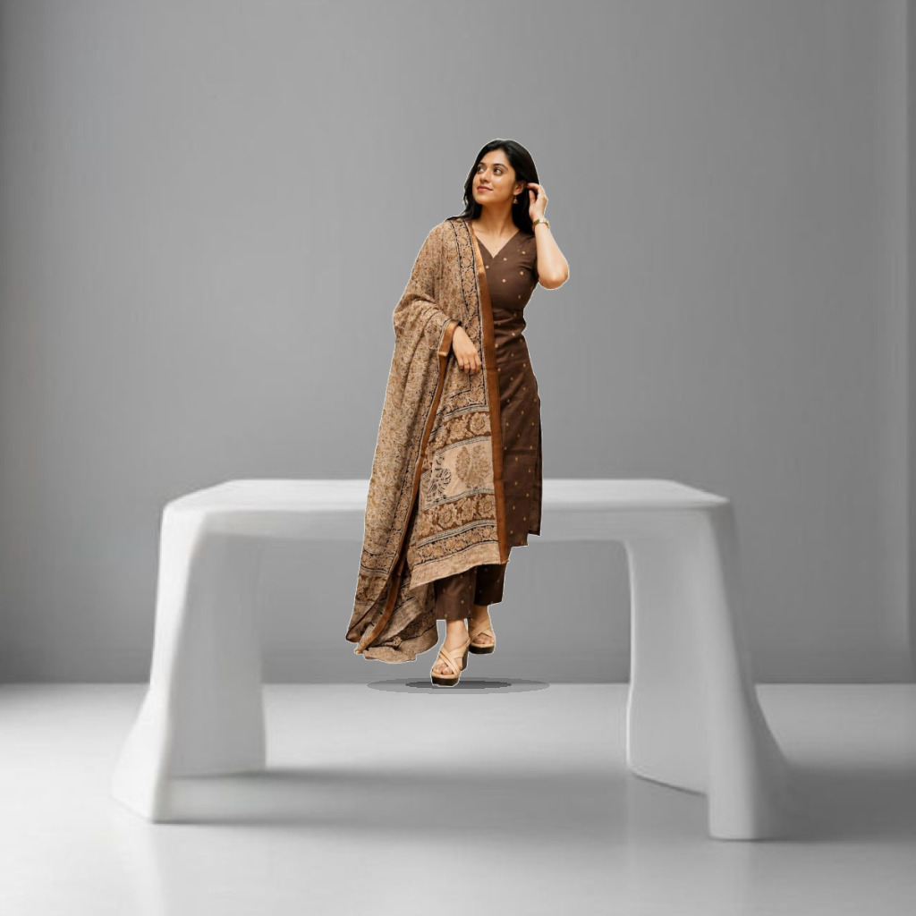 GoSriKi Kurta Set Women Viscose Printed | Kurti Set Woman | Kurta Pant Dupatta 3 Piece Outfit | V-Neck Elbow Length Sleeve St - 1:1 Commercial Studio Staging