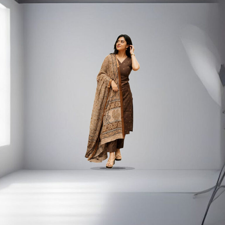 GoSriKi Kurta Set Women Viscose Printed | Kurti Set Woman | Kurta Pant Dupatta 3 Piece Outfit | V-Neck Elbow Length Sleeve St - 1:1 Commercial Studio Staging