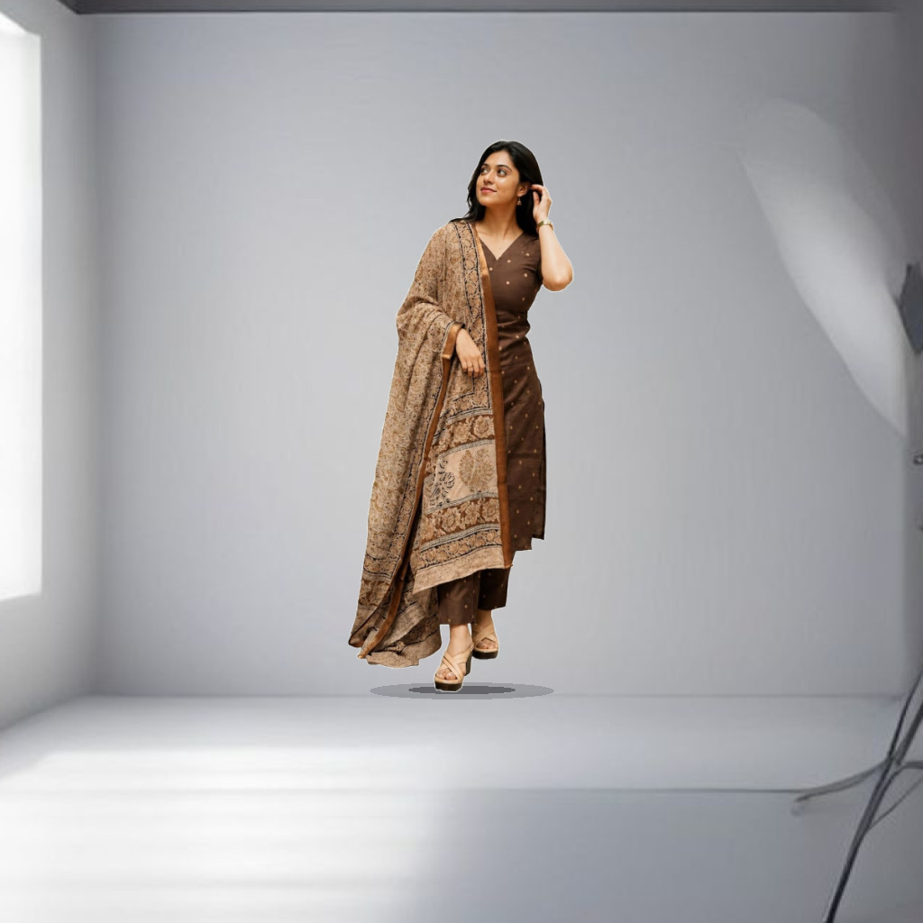 GoSriKi Kurta Set Women Viscose Printed | Kurti Set Woman | Kurta Pant Dupatta 3 Piece Outfit | V-Neck Elbow Length Sleeve St - 1:1 Commercial Studio Staging