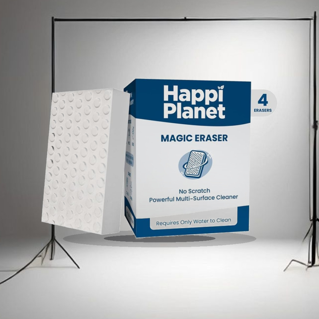 Happi Planet Magic Eraser | Pack of 4 | No Scratch Multi-Surface Cleaning Sponge | Removes 100+ Tough Stains | Just Add Water - 1:1 Commercial Studio Staging