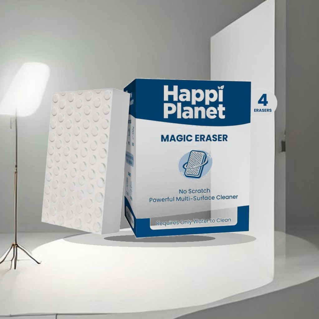 Happi Planet Magic Eraser | Pack of 4 | No Scratch Multi-Surface Cleaning Sponge | Removes 100+ Tough Stains | Just Add Water - 1:1 Commercial Studio Staging