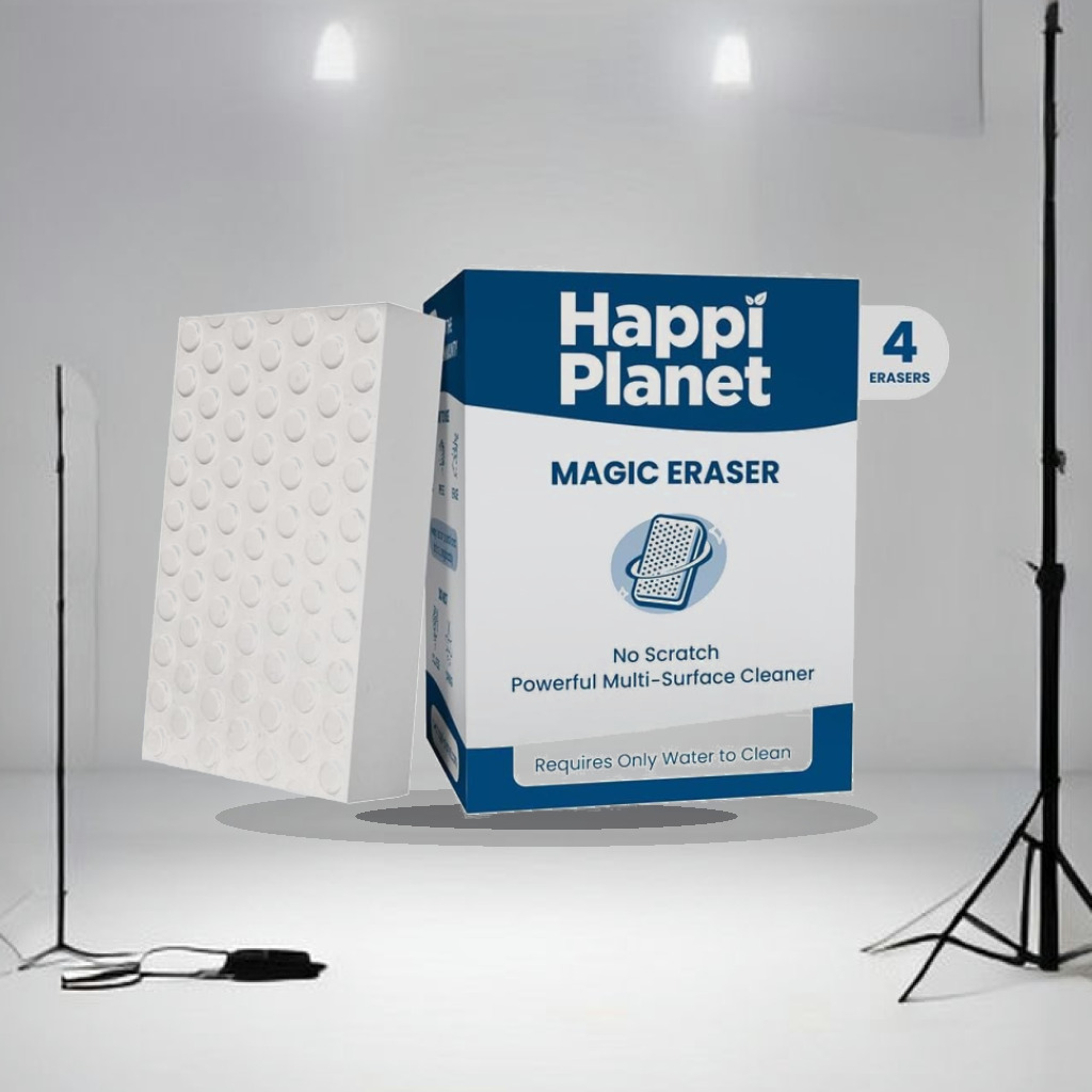 Happi Planet Magic Eraser | Pack of 4 | No Scratch Multi-Surface Cleaning Sponge | Removes 100+ Tough Stains | Just Add Water - 1:1 Commercial Studio Staging