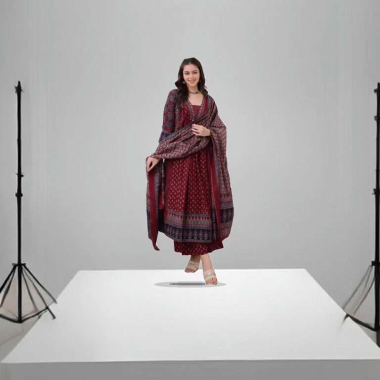 KLOSIA Women's Rayon Printed Anarkali Kurta and Pant with Dupatta Set - 1:1 Commercial Studio Staging