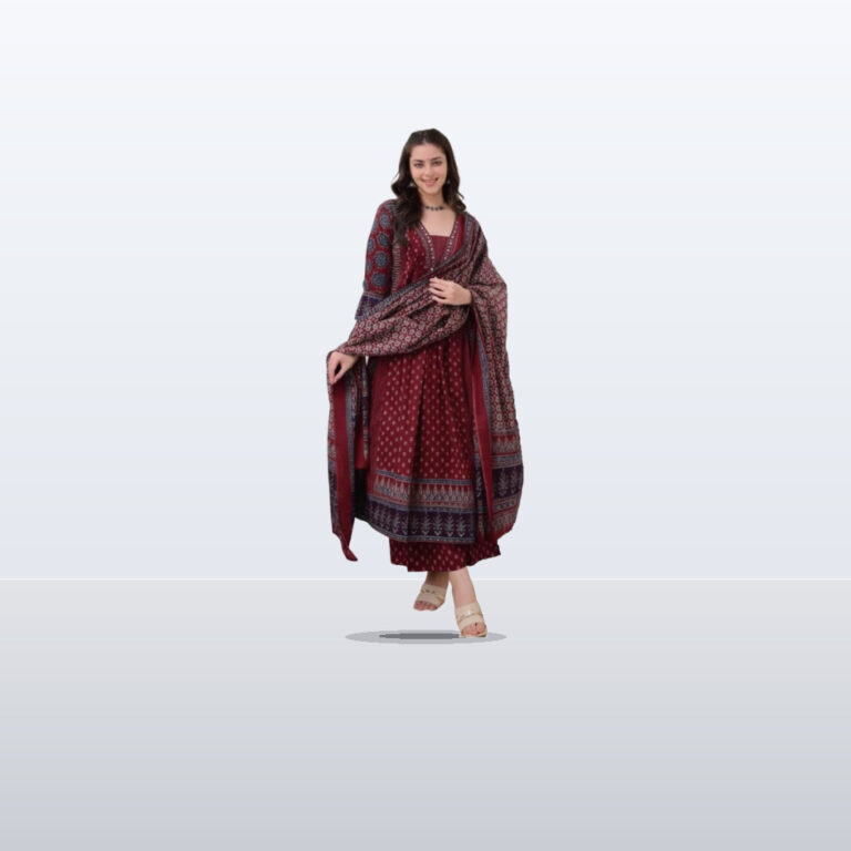 KLOSIA Women's Rayon Printed Anarkali Kurta and Pant with Dupatta Set - 1:1 Commercial Studio Staging