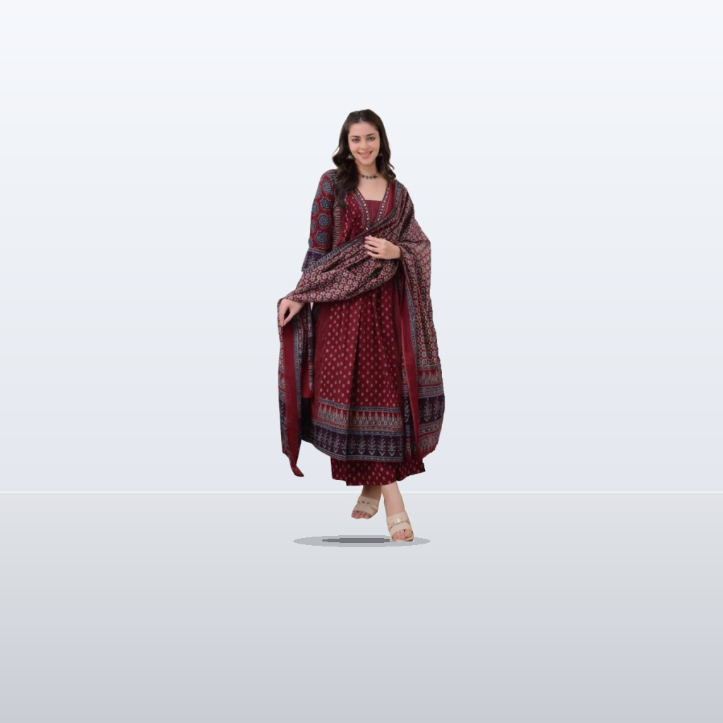 KLOSIA Women's Rayon Printed Anarkali Kurta and Pant with Dupatta Set - 1:1 Commercial Studio Staging