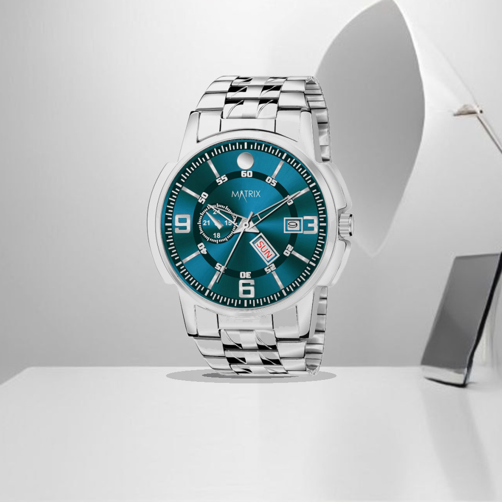 Matrix Black, Blue, White Dial, Day & Date Functioning, Stainless Steel Strap Analog Watch for Men & Women - 1:1 Commercial Studio Staging