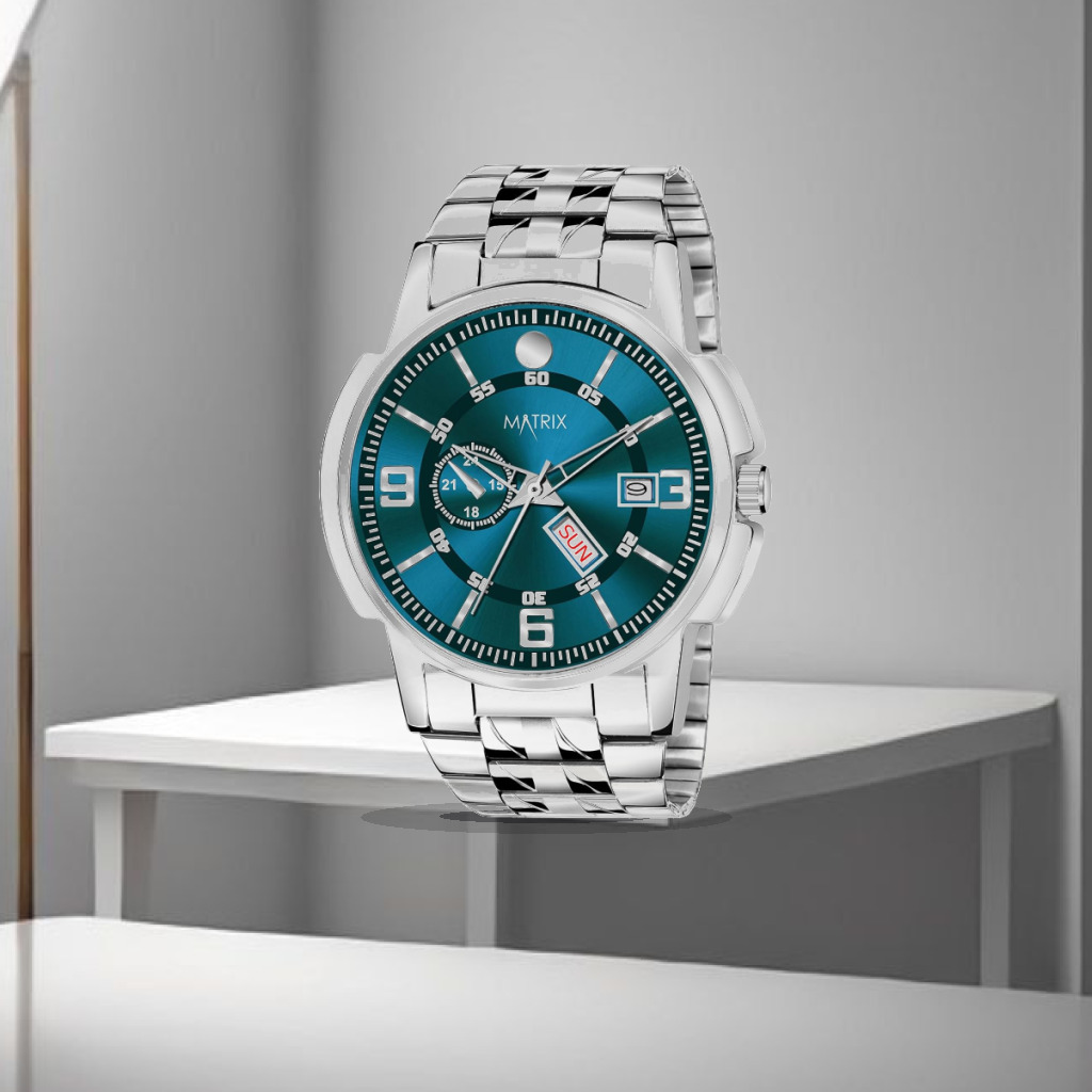 Matrix Black, Blue, White Dial, Day & Date Functioning, Stainless Steel Strap Analog Watch for Men & Women - 1:1 Commercial Studio Staging