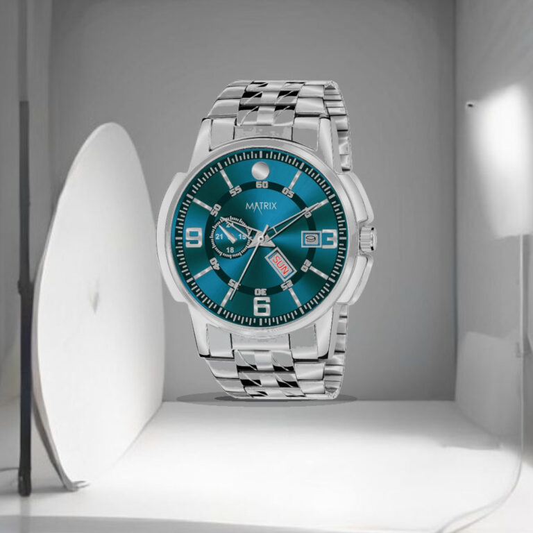 Matrix Black, Blue, White Dial, Day & Date Functioning, Stainless Steel Strap Analog Watch for Men & Women - 1:1 Commercial Studio Staging