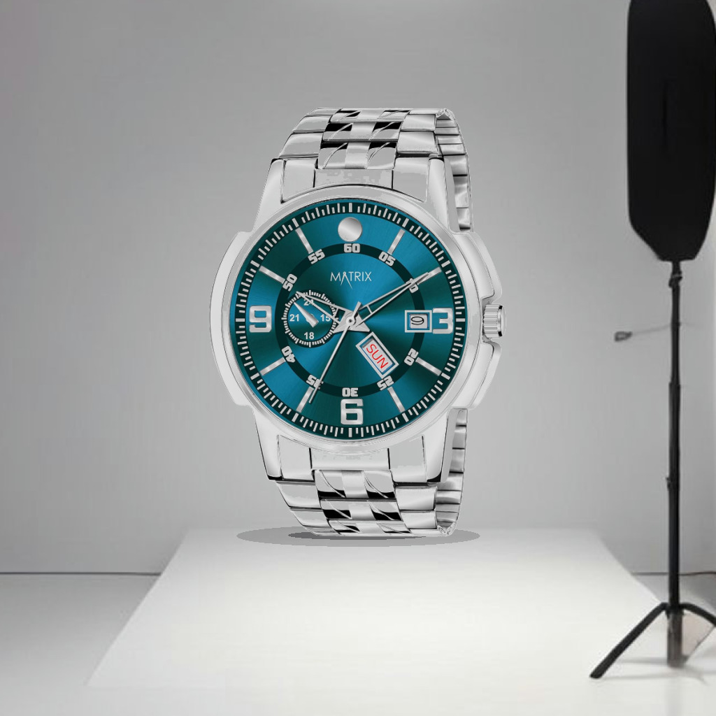 Matrix Black, Blue, White Dial, Day & Date Functioning, Stainless Steel Strap Analog Watch for Men & Women - 1:1 Commercial Studio Staging