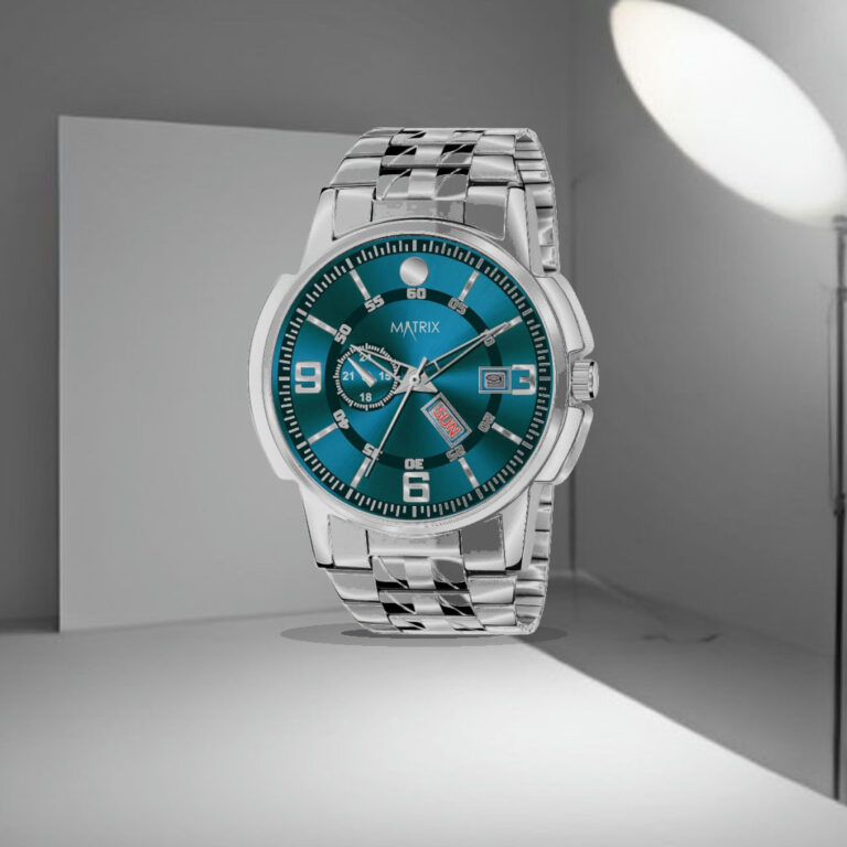 Matrix Black, Blue, White Dial, Day & Date Functioning, Stainless Steel Strap Analog Watch for Men & Women - 1:1 Commercial Studio Staging