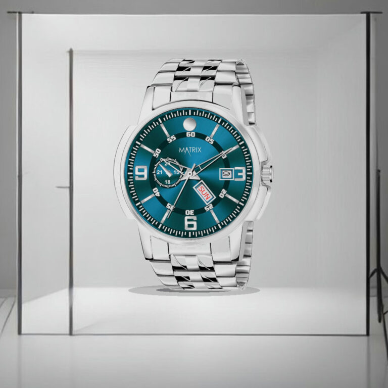 Matrix Black, Blue, White Dial, Day & Date Functioning, Stainless Steel Strap Analog Watch for Men & Women - 1:1 Commercial Studio Staging
