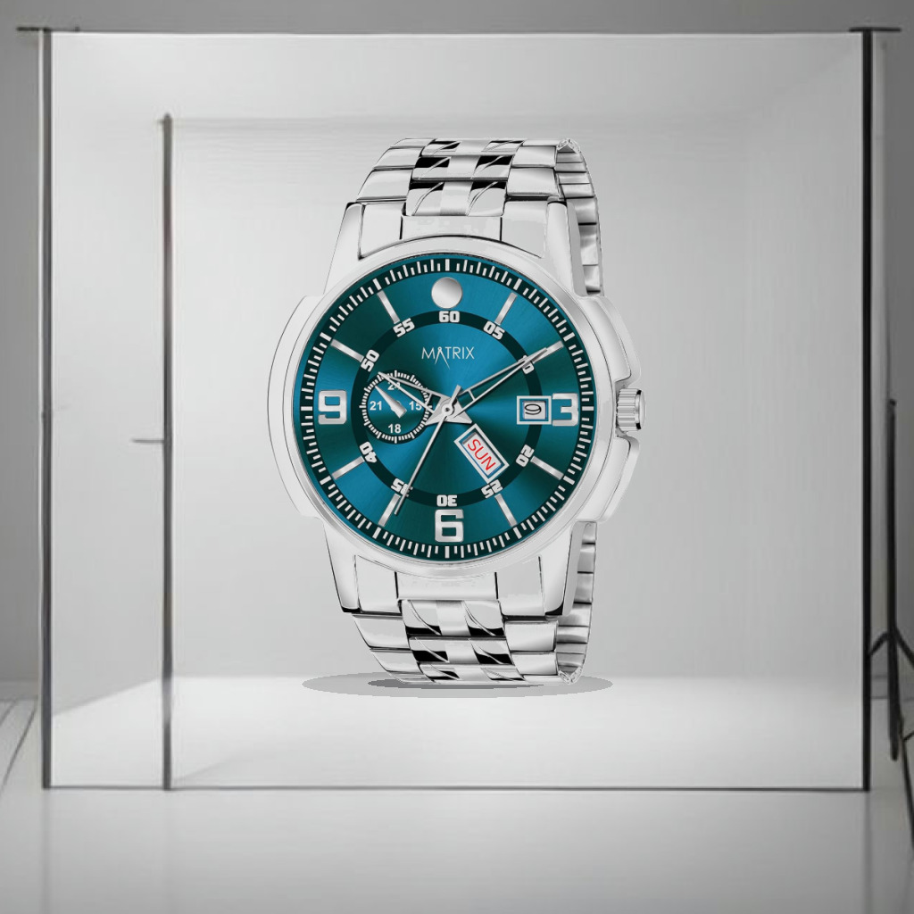 Matrix Black, Blue, White Dial, Day & Date Functioning, Stainless Steel Strap Analog Watch for Men & Women - 1:1 Commercial Studio Staging