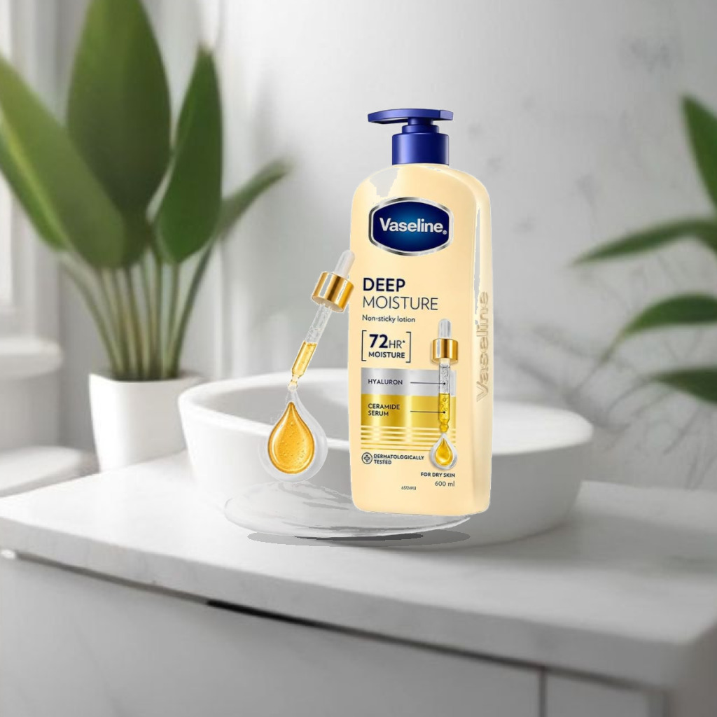 Vaseline Deep Moisture Body Lotion with Ceramide Hyaluron Fillers | 10X More Moisture for Cushion Soft Glowing Skin | For Dry - 1:1 Commercial Studio Staging