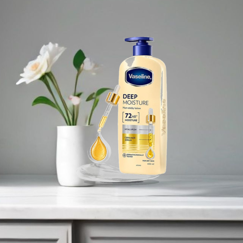 Vaseline Deep Moisture Body Lotion with Ceramide Hyaluron Fillers | 10X More Moisture for Cushion Soft Glowing Skin | For Dry - 1:1 Commercial Studio Staging
